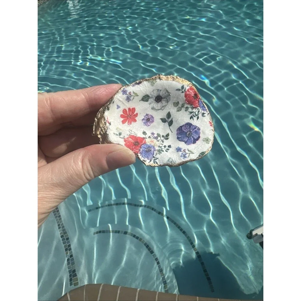 Jewelry Trinket Dish Decoupaged Oyster Shell Floral Theme